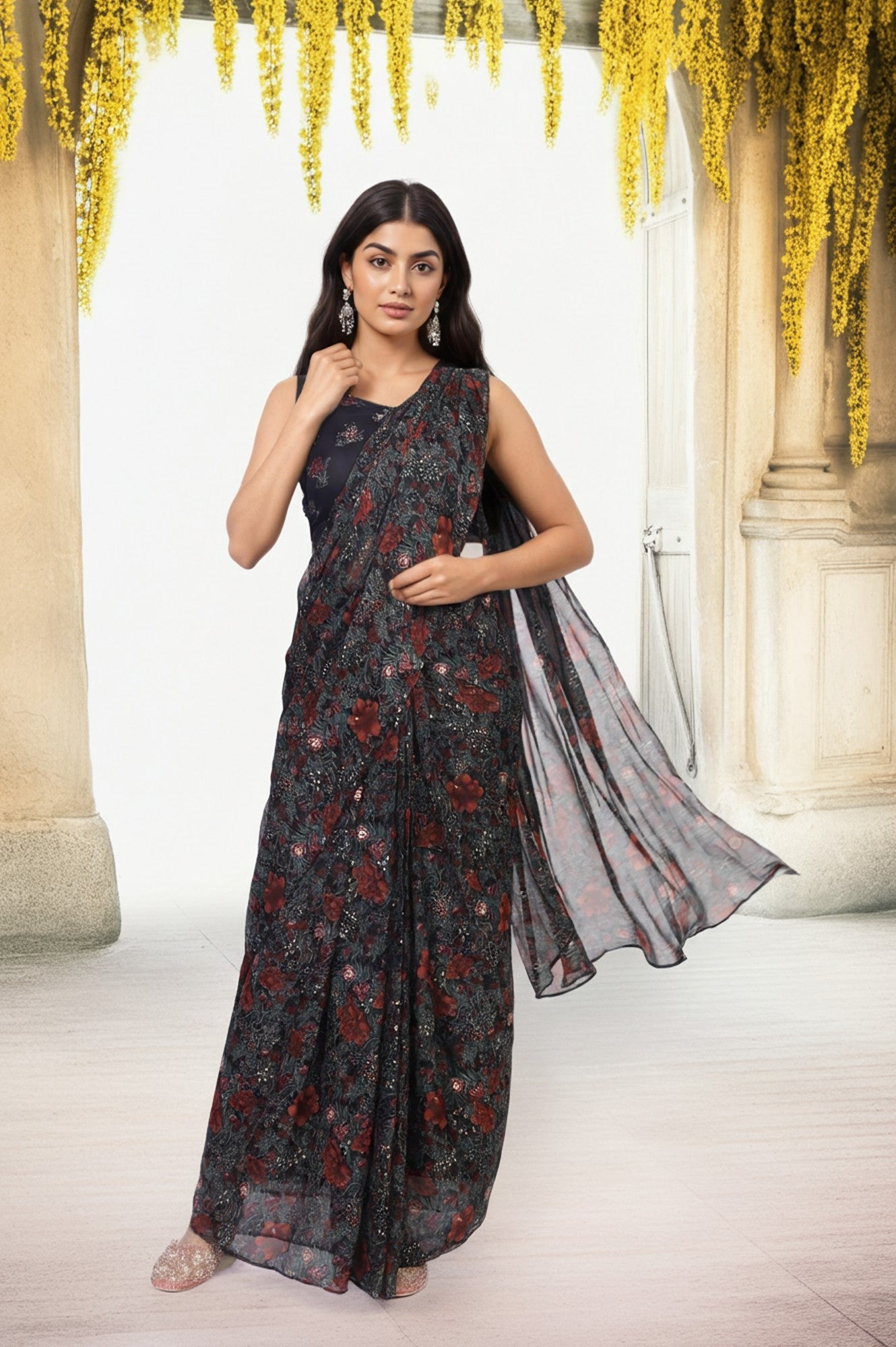Black Floral Printed Sequined Pre-draped Georgette Saree with Blouse