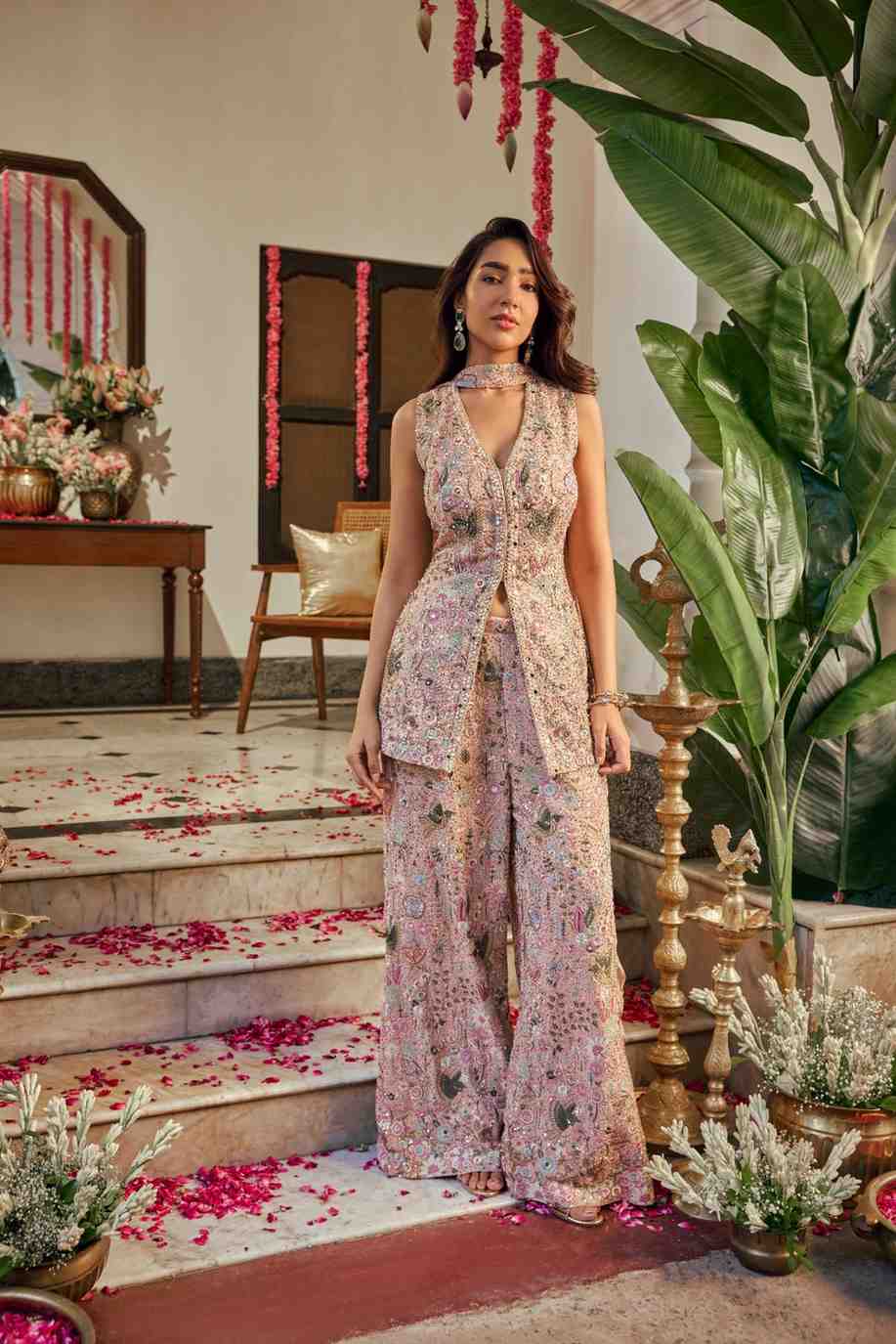 Baby Pink Georgette Multi Heavy Embroidery Palazoo Set