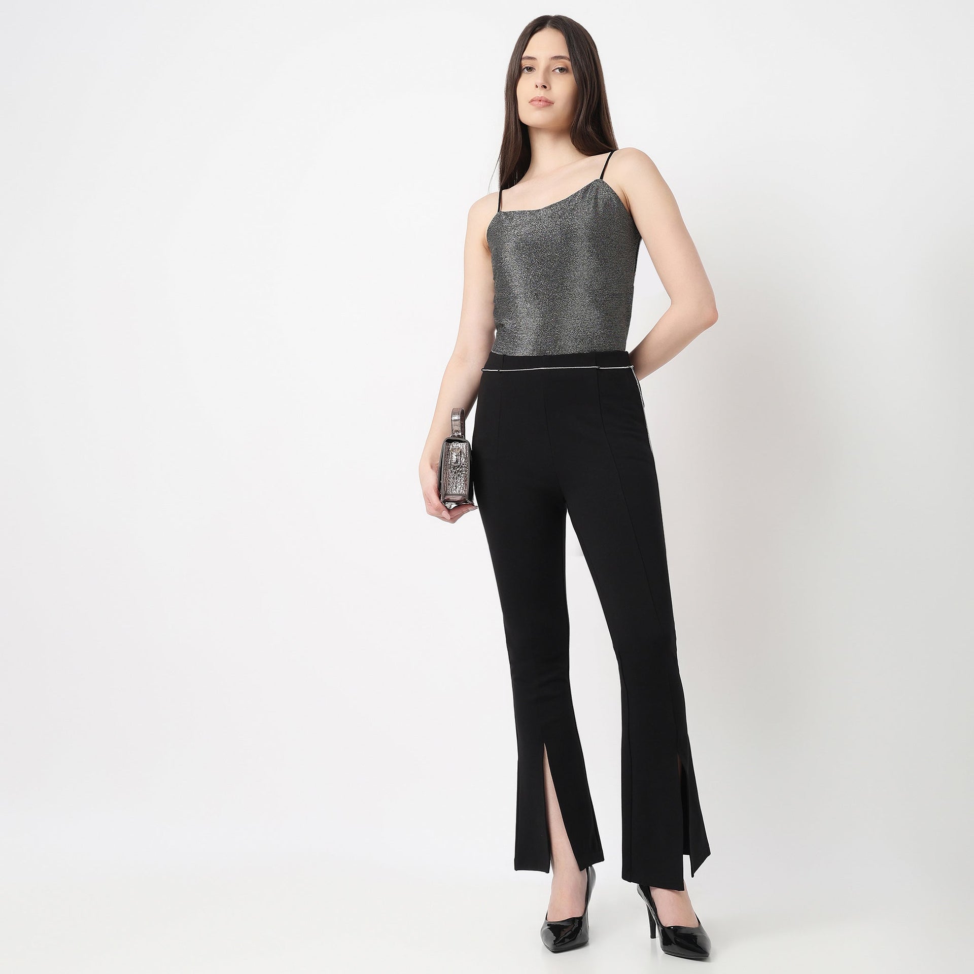 Silver Metal Chain On Waist And Centre Slit At Hem Detail Pant