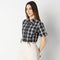 Boxy Fit Checkered Short Sleeve Crop Shirt With Front Lace Tying