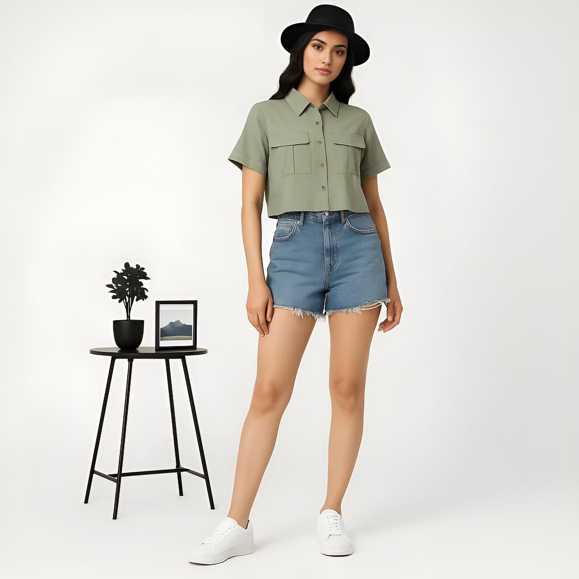 Boxy Fit Crop Shirt With Patch Pockets Detailing