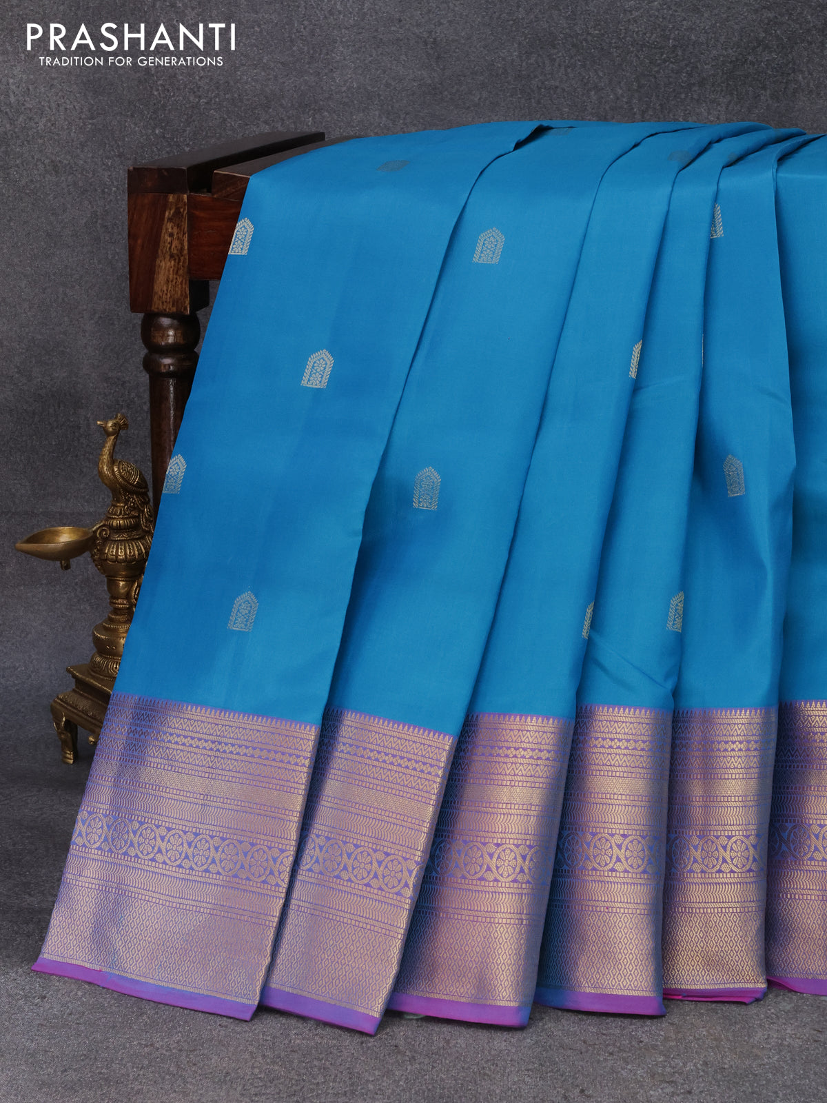 Pure kanjivaram silk saree cs blue and dual shade of pink with zari woven buttas and zari woven border