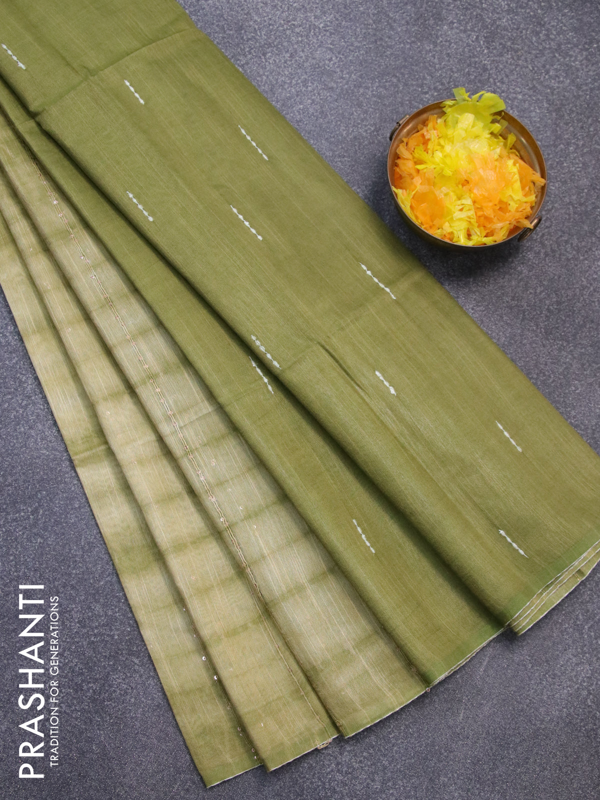 Bamboo silk saree elaichi green and sap green with allover tie & dye prints sequin work in borderless style