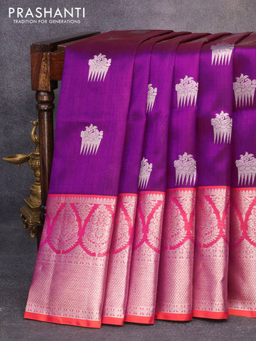 Venkatagiri silk saree purple and orange with silver zari woven buttas and long rich zari woven border