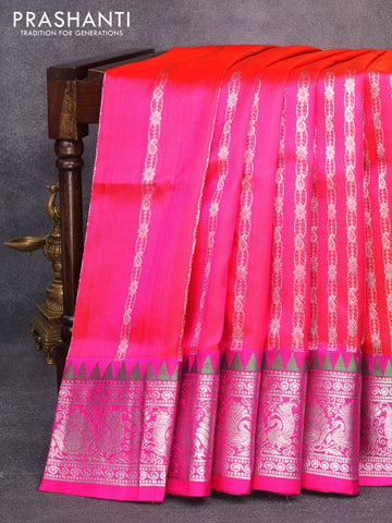 Venkatagiri silk saree dual shade of pink and magenta pink with allover silver zari weaves and temple design silver zari woven border