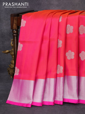 Venkatagiri silk saree dual shade of candy pink and pink with floral silver zari woven buttas and silver zari woven border