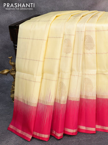 Pure soft silk saree cream and pink with allover zari checks & buttas and rettapet zari woven border