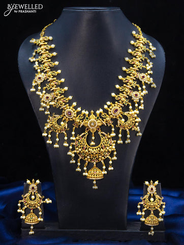 Antique guttapusalu necklace chandbali design kemp and cz stones with pearl hangings