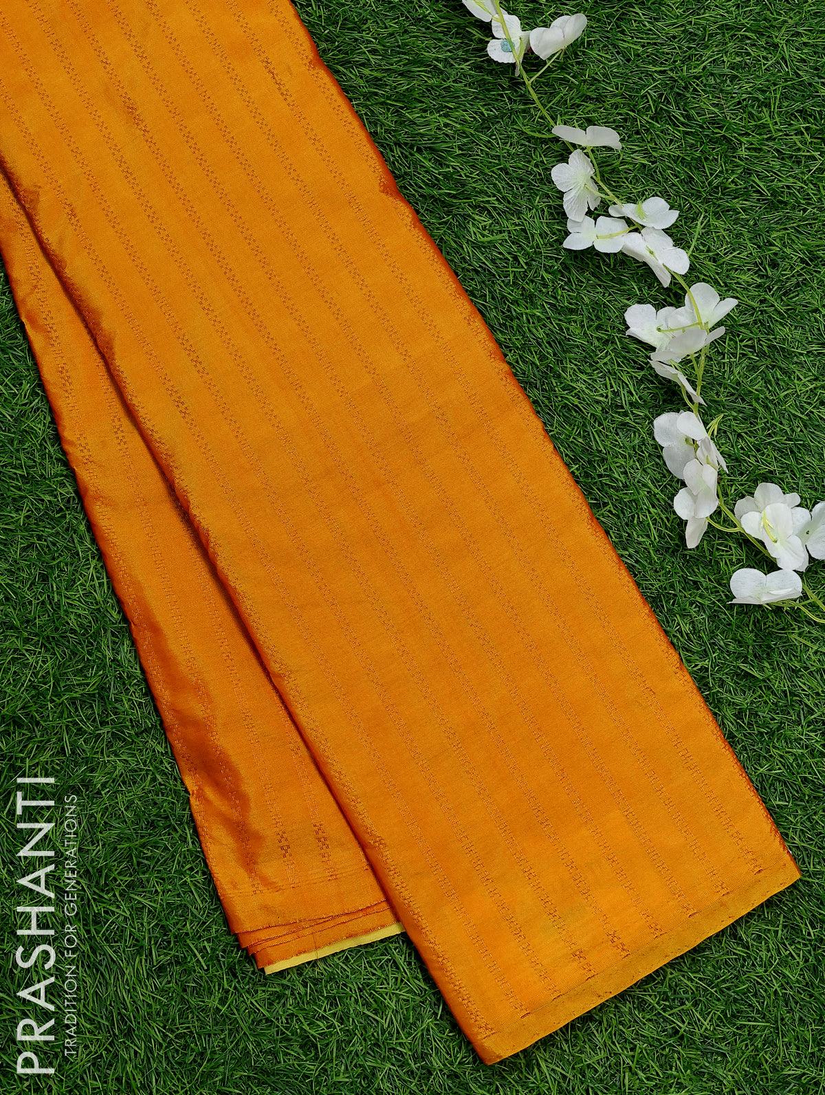 Arani semi silk saree mustard yellow with allover copper zari weaves in borderless style