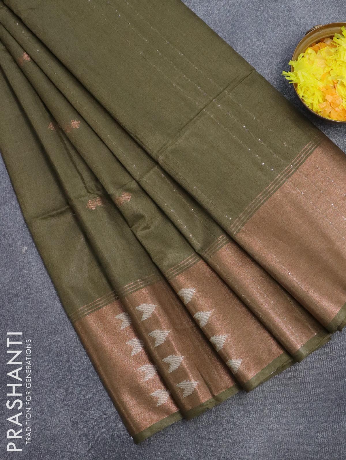 Bamboo silk saree sap green with copper zari woven buttas and zari woven border