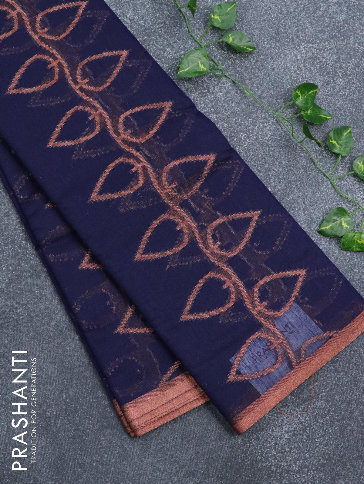 Banarasi cotton saree blue with allover copper zari weaves and copper zari woven piping border