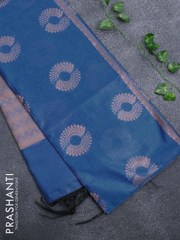 Banarasi cotton saree cs blue with copper zari woven floral buttas and piping border