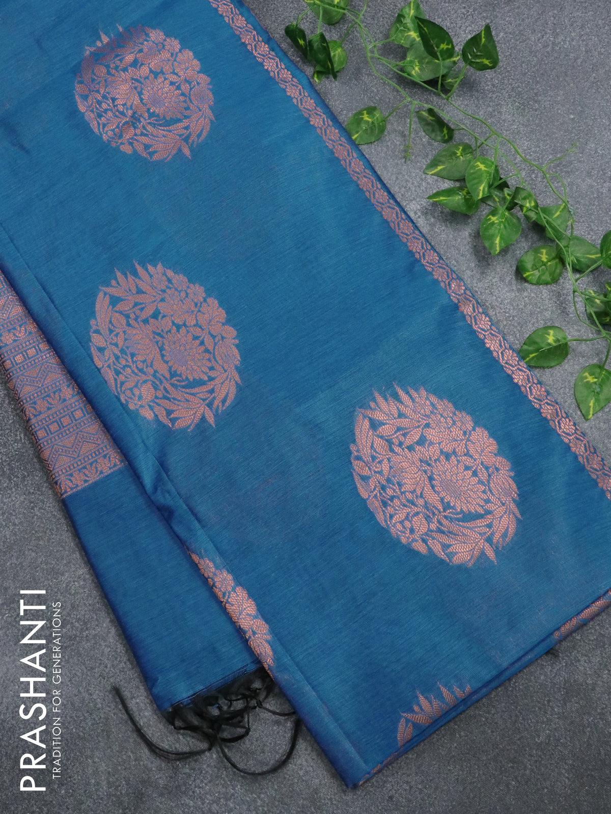 Banarasi cotton saree cs blue with copper zari woven floral buttas and piping border