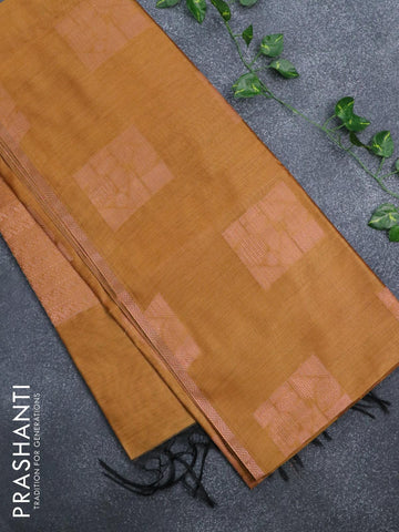 Banarasi cotton saree mustard yellow with copper zari woven box type buttas and piping border