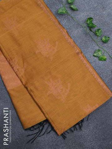 Banarasi cotton saree mustard yellow with copper zari woven buttas and piping border