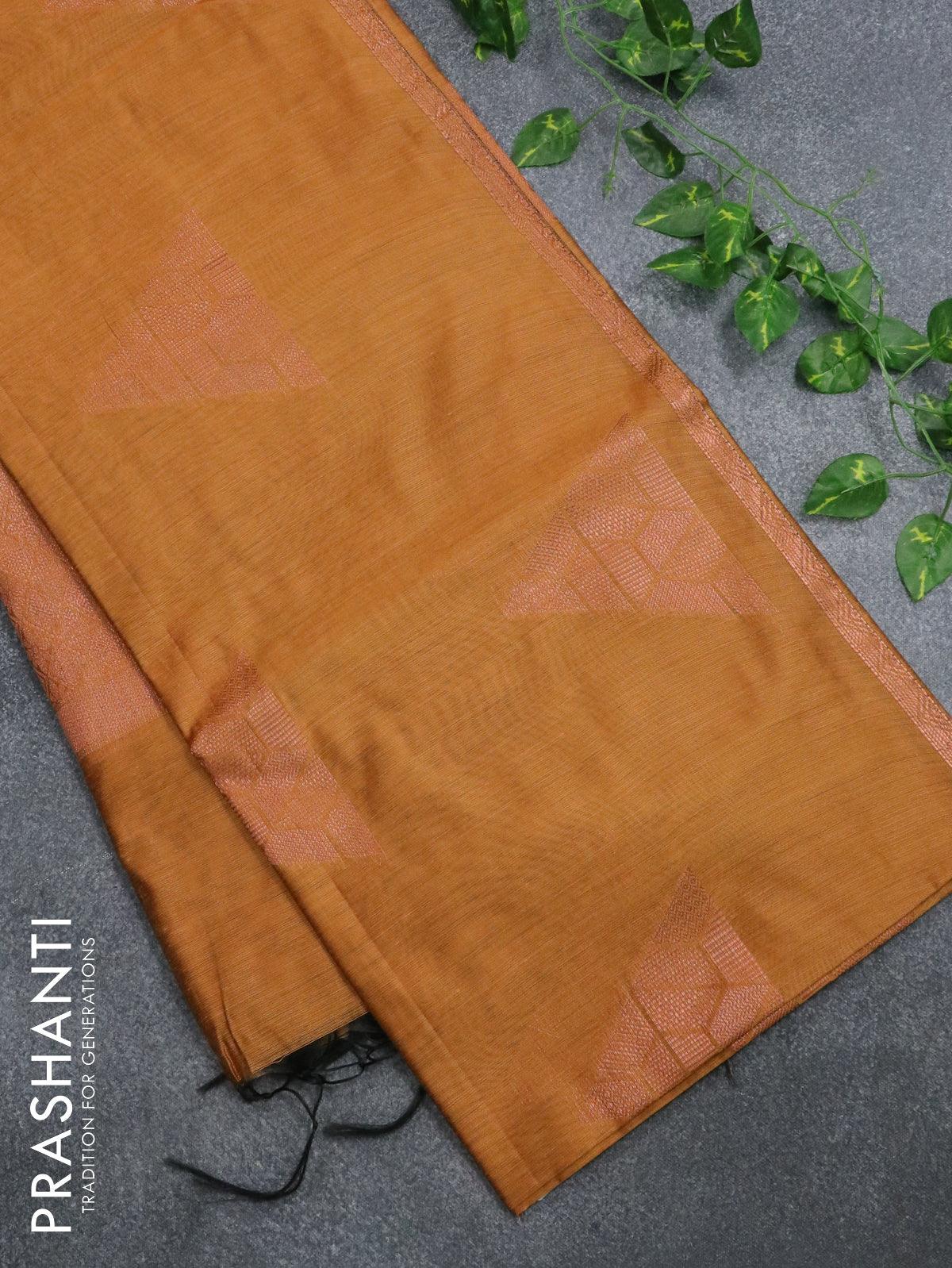 Banarasi cotton saree mustard yellow with copper zari woven geometric buttas and piping border