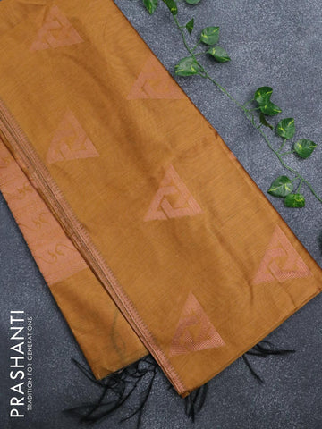 Banarasi cotton saree mustard yellow with copper zari woven geometric buttas and piping border