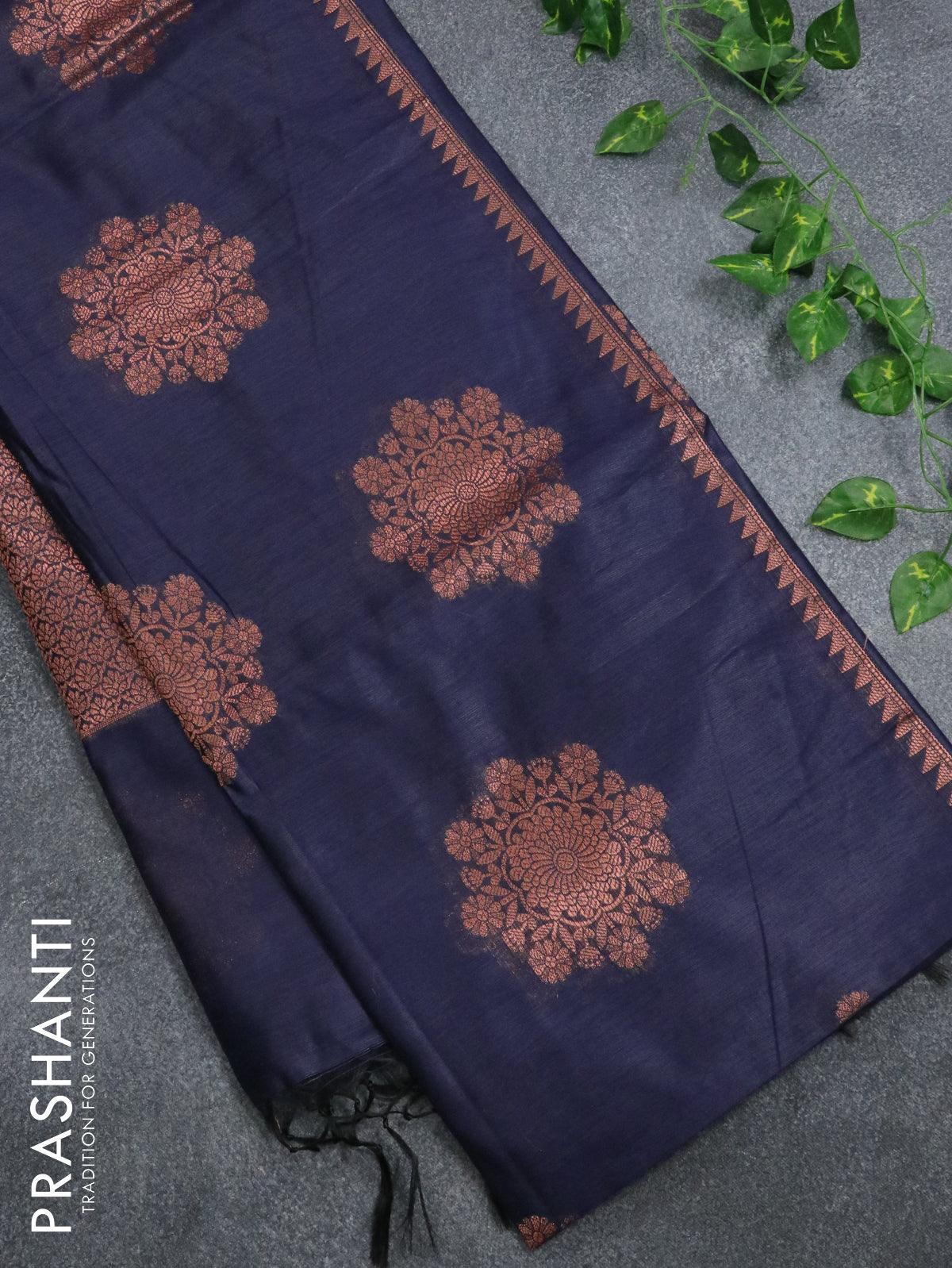 Banarasi cotton saree navy blue with copper zari woven buttas and piping border