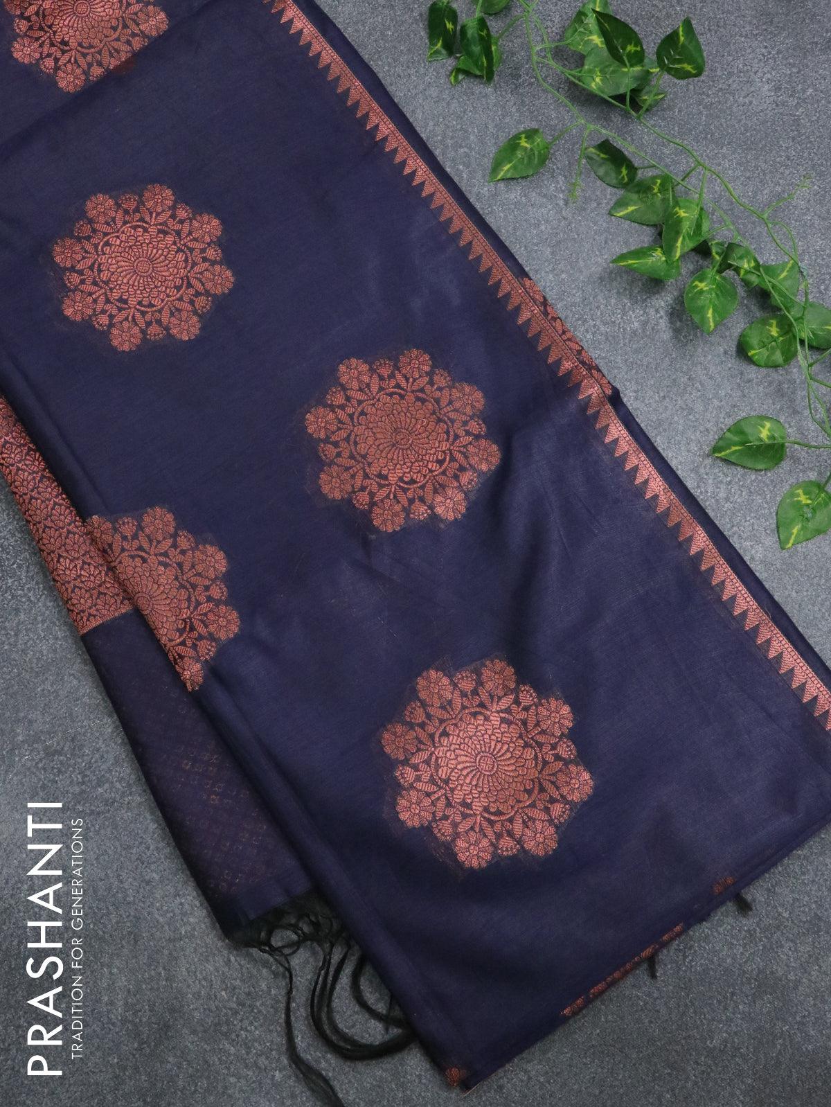 Banarasi cotton saree navy blue with copper zari woven buttas and piping border