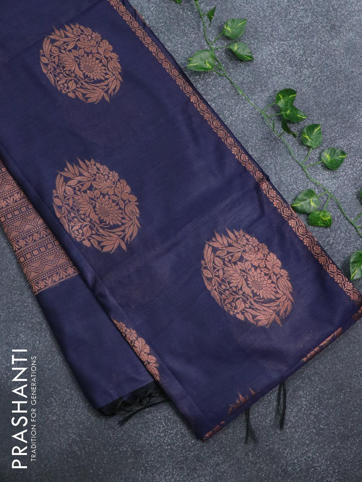 Banarasi cotton saree navy blue with copper zari woven floral buttas and piping border