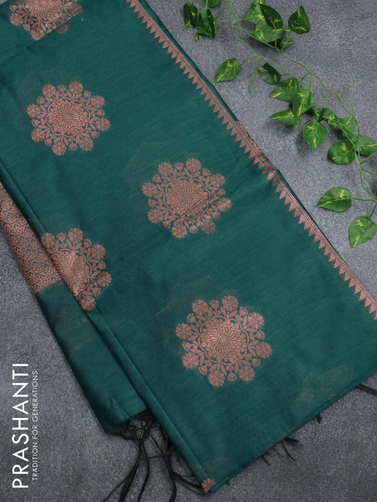 Banarasi cotton saree peacock green with copper zari woven buttas and piping border