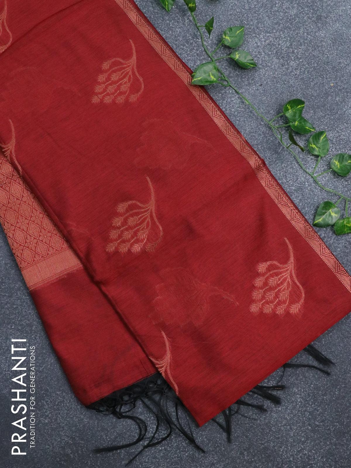 Banarasi cotton saree red with copper zari woven buttas and piping border