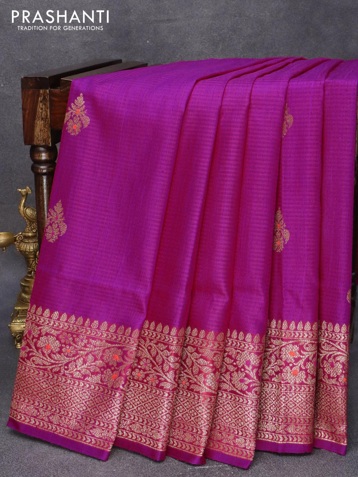 Banarasi handloom dupion saree magenta pink with thread & zari woven buttas and zari woven border