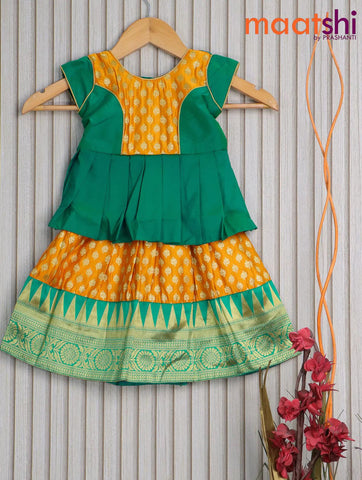 Banarasi kids lehanga dual shade of green and mango yellow with patch work neck pattern and allover butta weaves & temple design zari border for 0 year