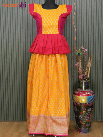 Banarasi kids lehanga dual shade of pink and mango yellow with patch work neck pattern and self emboss zari weaves & long zari border for 15 years