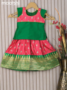 Banarasi kids lehanga green and pink shade with patch work neck pattern and allover zari buttas & temple design zari woven border for 0-6 months