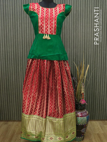 Banarasi kids lehanga green and red with patch work neck pattern and allover zari weaves & long zari border for 14 years