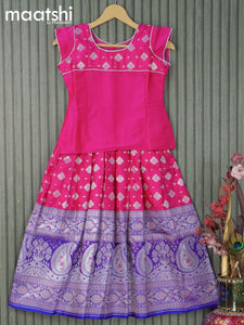 Banarasi kids lehanga pink and blue with patch work neck pattern and allover self emboss zari buttas & long silver zari woven border for 8 years