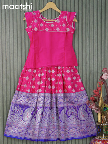 Banarasi kids lehanga pink and blue with patch work neck pattern and allover self emboss zari buttas & long silver zari woven border for 8 years