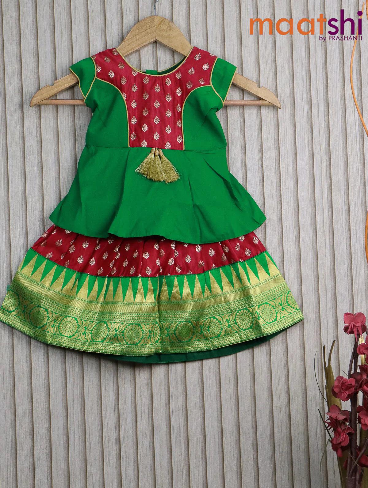 Banarasi kids lehanga red and green with patch work neck pattern and allover butta weaves & temple design zari border for 0 year