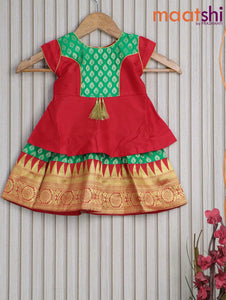 Banarasi kids lehanga red and teal green with patch work neck pattern and allover butta weaves & temple design zari border for 0 year