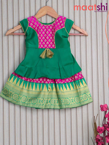 Banarasi kids lehanga teal green and pink with patch work neck pattern and allover butta weaves & temple design zari border for 0 year