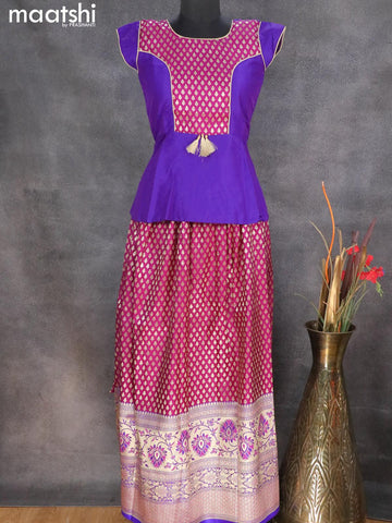 Banarasi kids lehanga violet and dark purple with patch work neck pattern and allover zari buttas & long zari woven border for 13 years