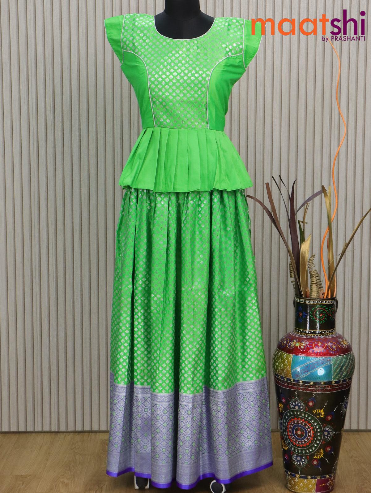 Banarasi kids lehenga fluorescent green and blue with patch work neck pattern and allover silver zari buttas & long rich border for 16 years