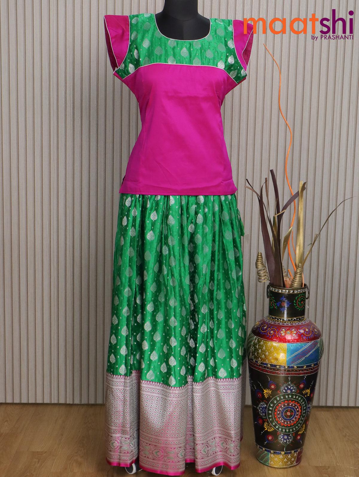 Banarasi kids lehenga magenta pink and green with patch work neck pattern and self emboss zari weaves & long silver zari border for 16 years