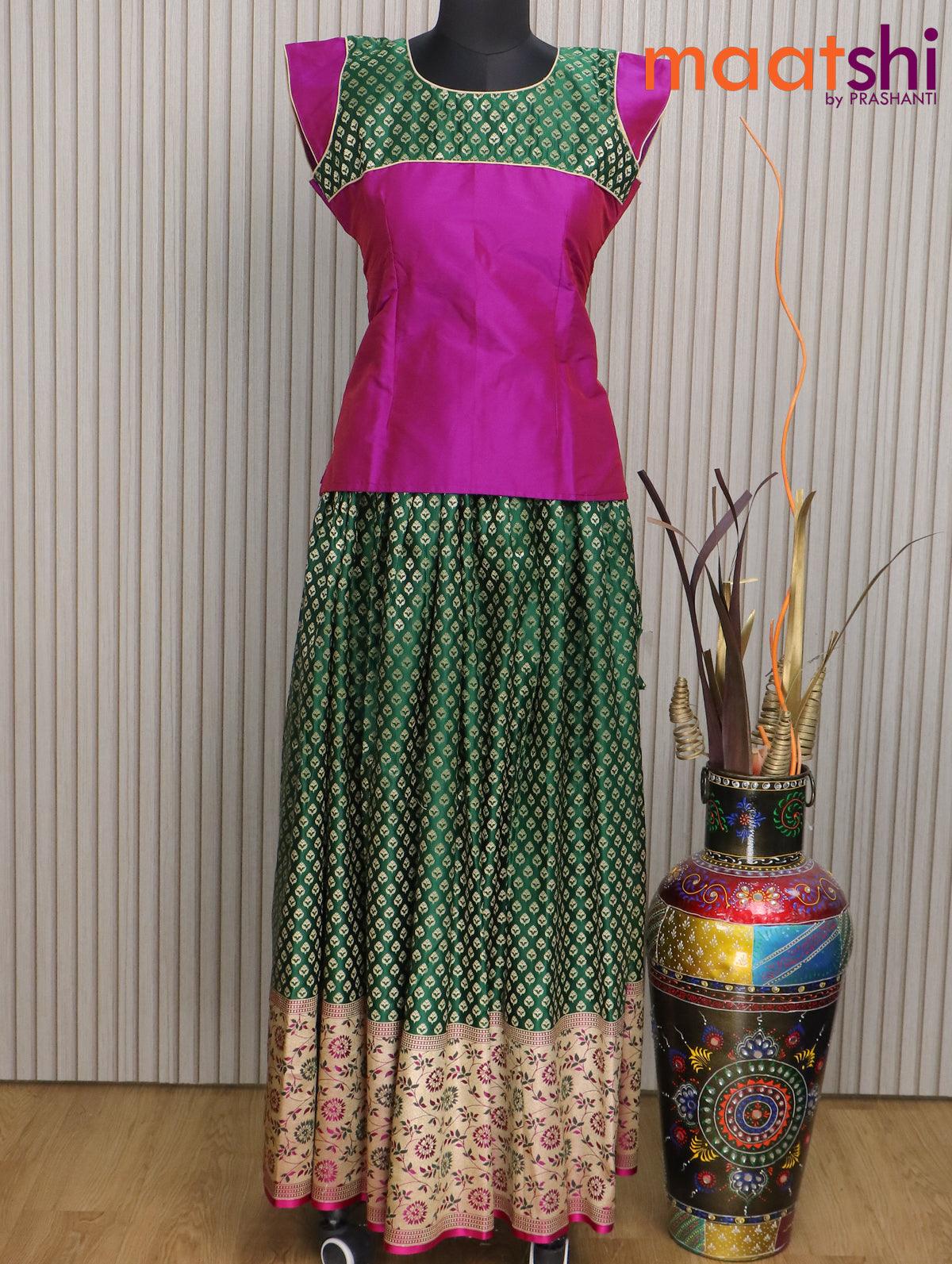 Banarasi kids lehenga purple shade and dark green with patch work neck pattern and zari butta weaves & long floral design border for 15 years