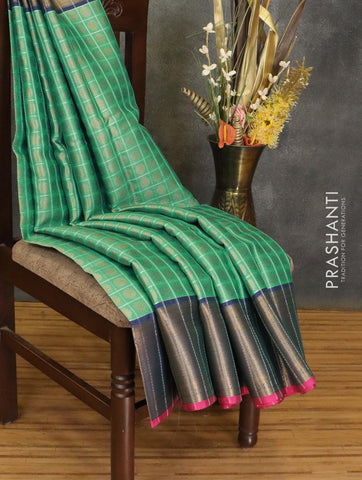 Banarasi kora saree green and blue with allover checked & zari buttas and zari woven border