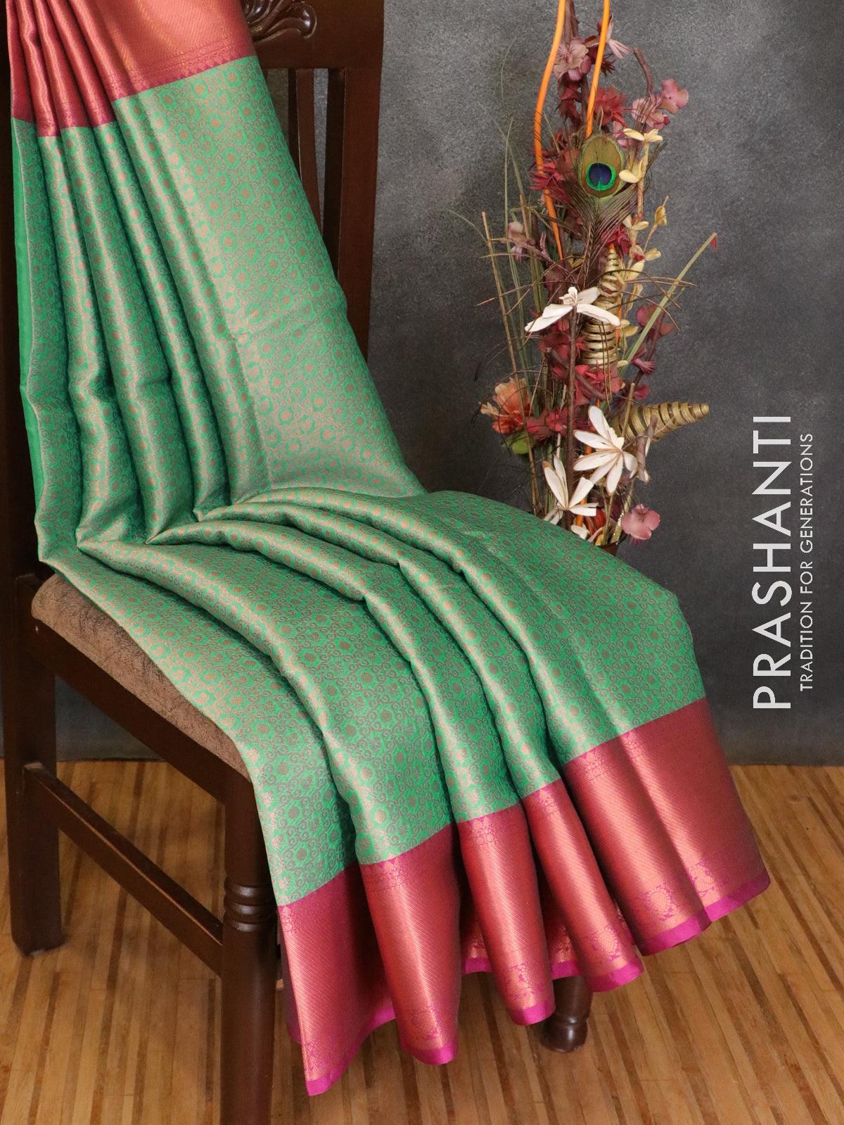 Banarasi kora saree green and magenta pink with allover copper zari weaves and copper zari woven border