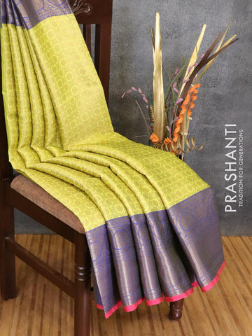 Banarasi kora saree lime yellow and blue with allover zari weaves and floral zari woven border