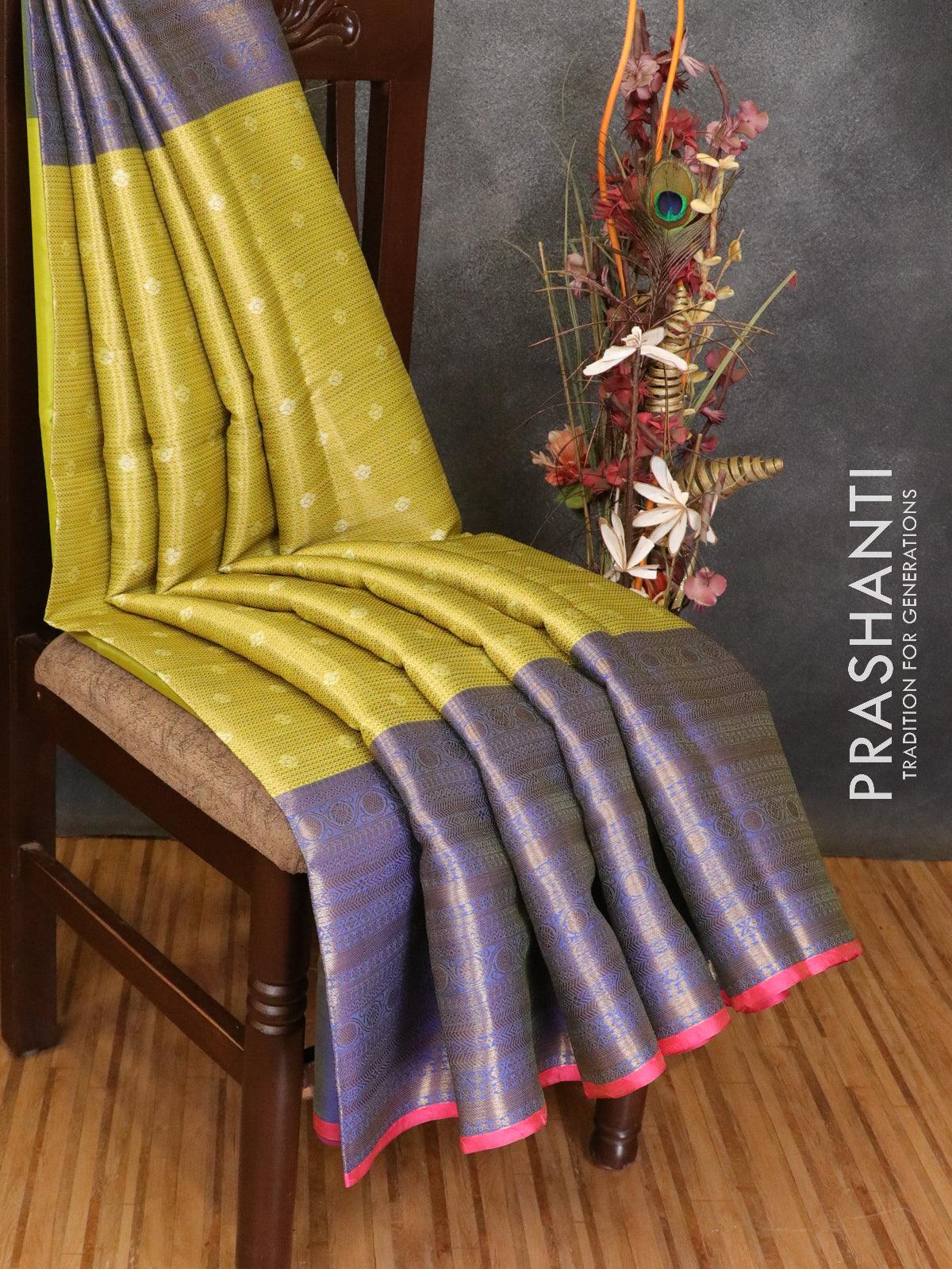 Banarasi kora saree lime yellow and pink with allover zari weaves and long zari woven border