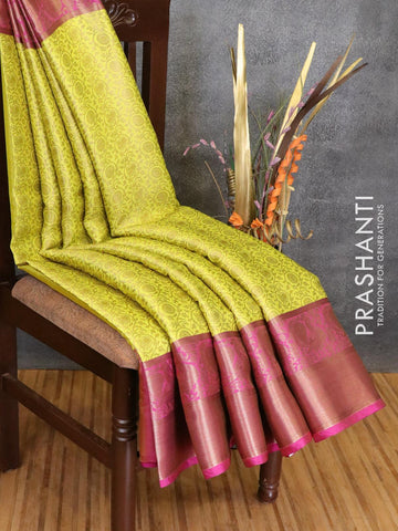 Banarasi kora saree lime yellow and purple with allover zari weaves and annam zari woven border