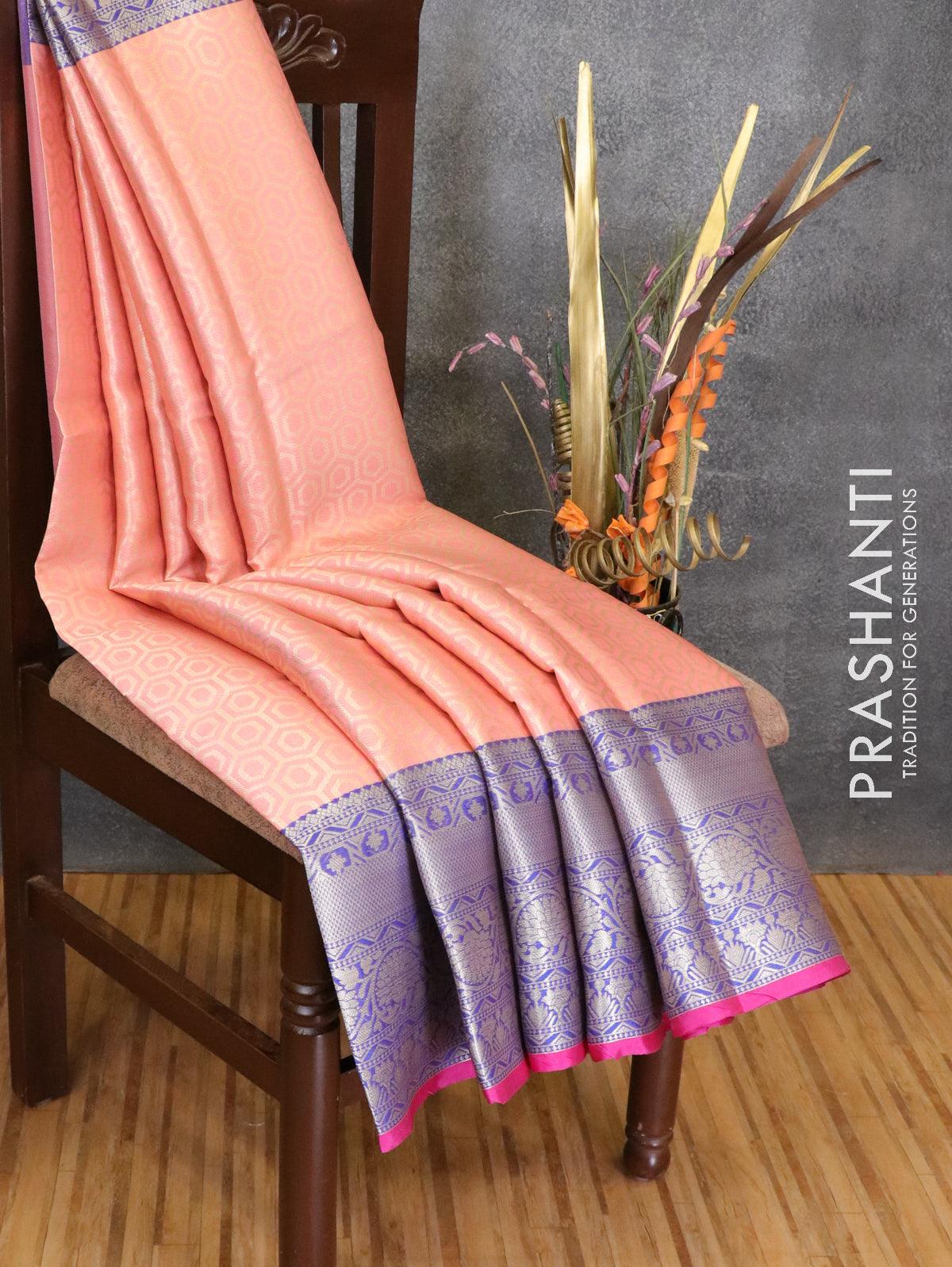 Banarasi kora saree peach pink and blue with allover geometric zari weaves and long zari woven border