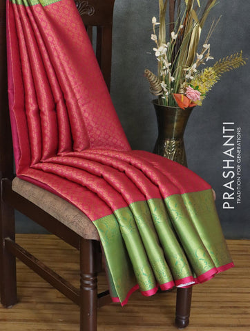 Banarasi kora saree pink and green with allover copper zari weaves and annam zari woven border