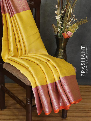 Banarasi kora saree yellow and pink with allover zari weaves and zari woven border