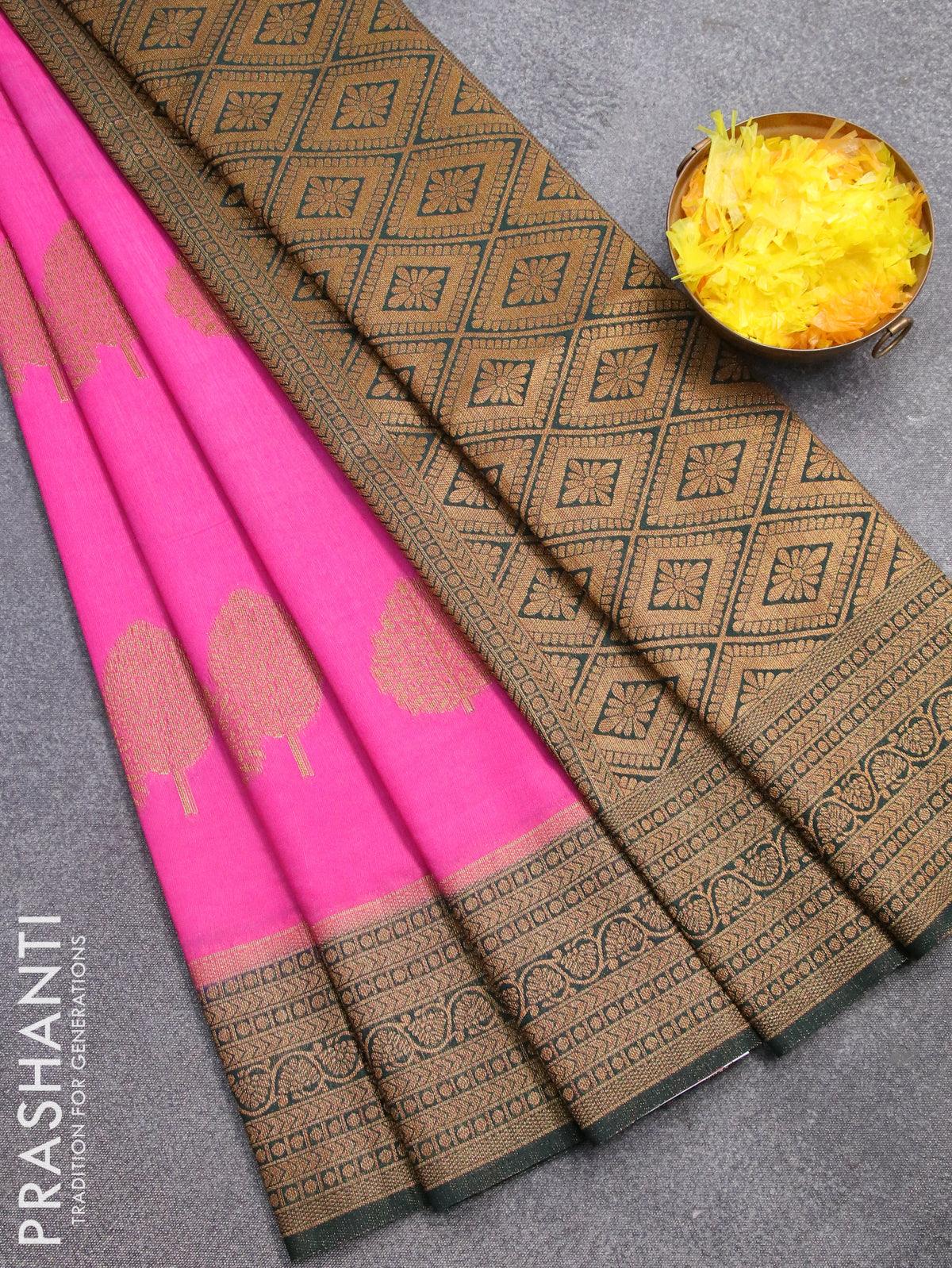 Banarasi semi dupion saree pink and green with allover thread & zari woven buttas and zari woven border