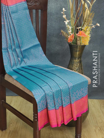 Banarasi semi silk saree cs blue and pink with allover zari weaves and zari woven border